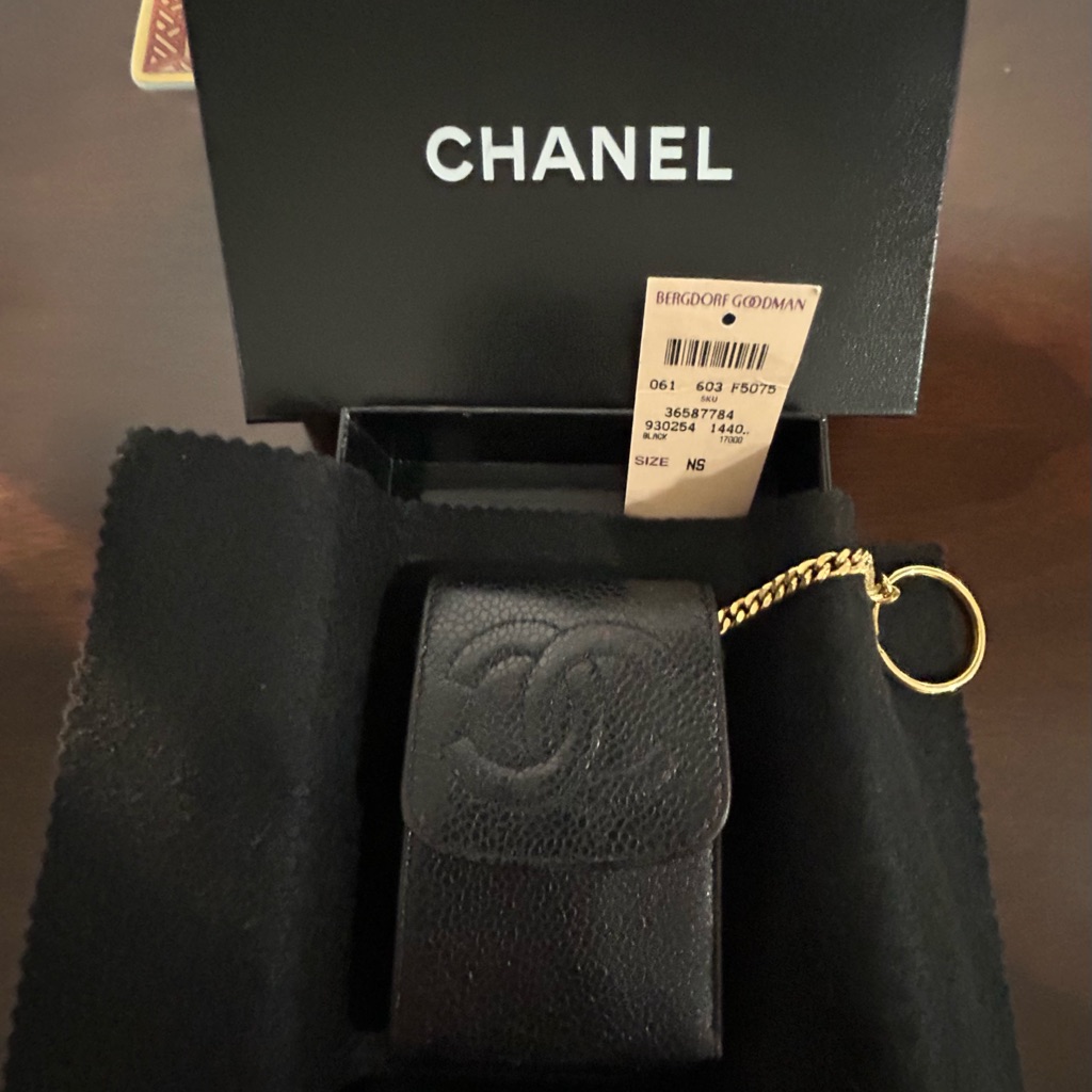 Authentic Rare Chanel Black Caviar Leather Cc Case Pouch Card Holder Key Chain